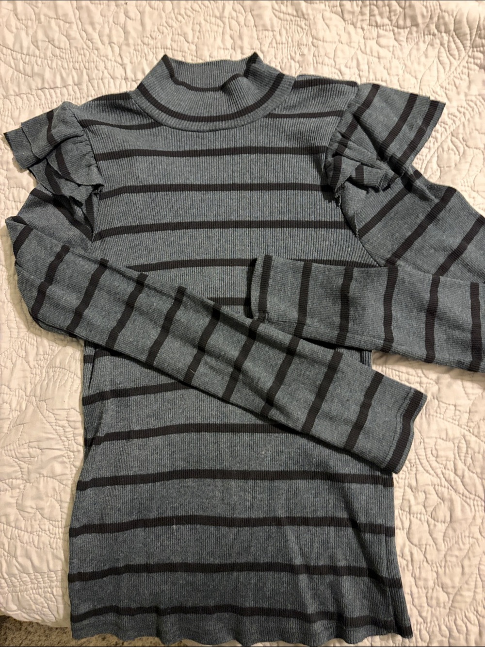 T.La Grey and Black Striped Mock neck Ruffle Sleeve Sweater. Anthropology